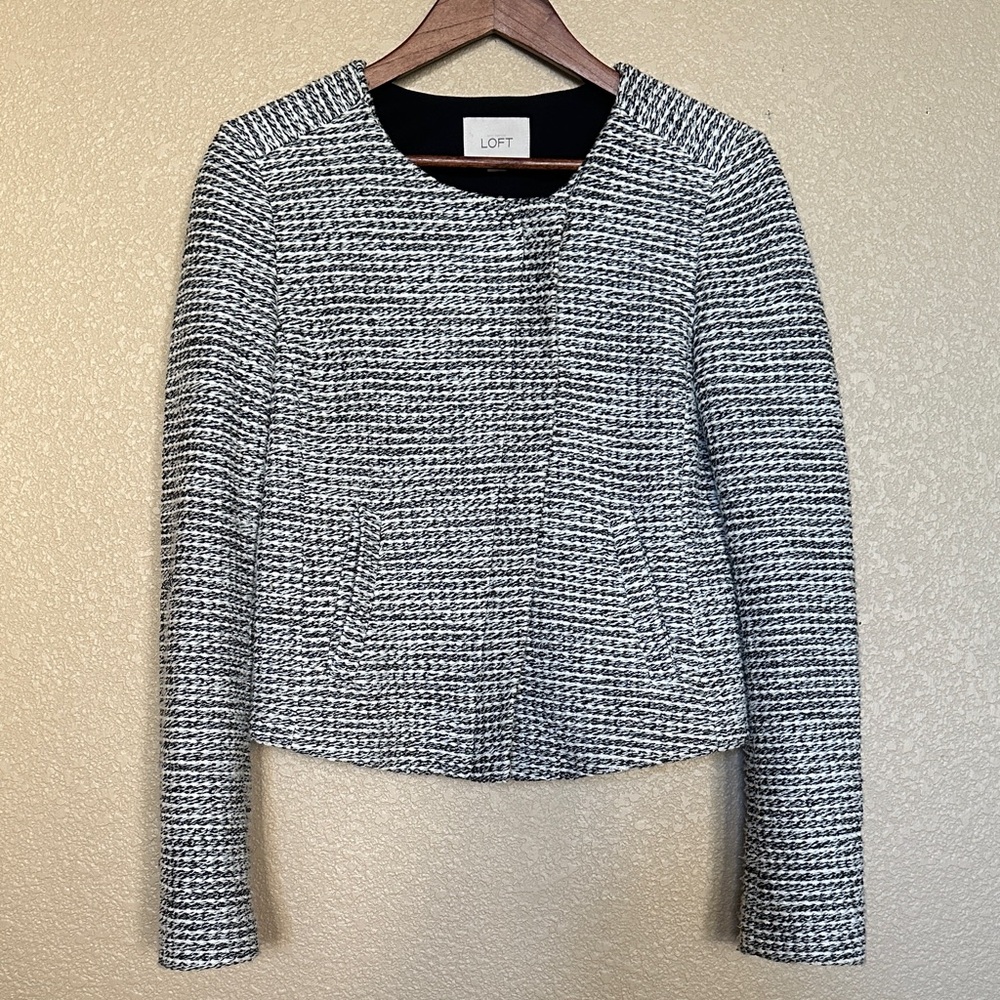 LOFT Black and White Tweed Zip-up Blazer